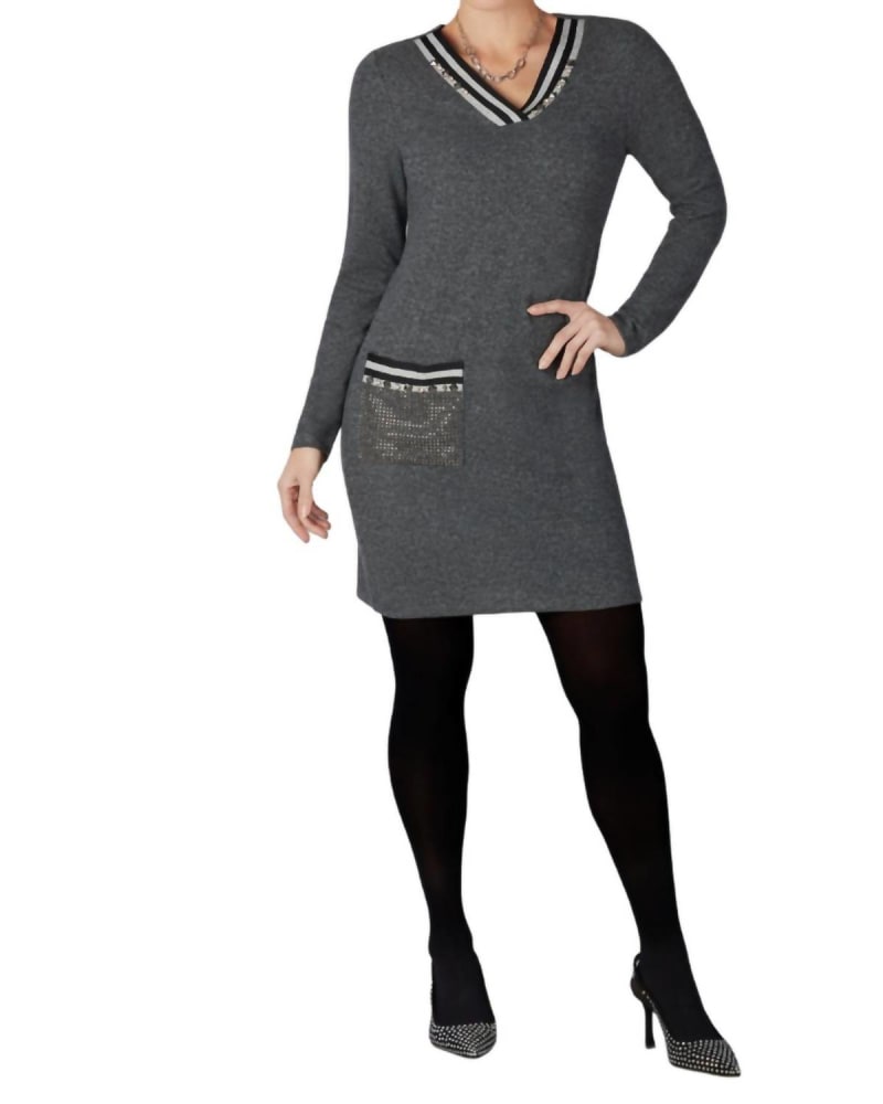 Front of a model wearing a size L Textured Mesh Midi Dress In Grey in Grey by TRICOTTO. | dia_product_style_image_id:342234